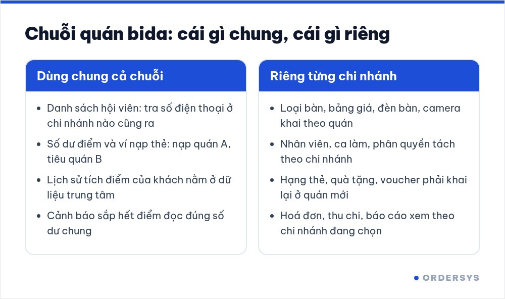 Sơ đồ hai cột liệt kê phần dữ liệu dùng chung toàn chuỗi và phần dữ liệu riêng của từng chi nhánh bida