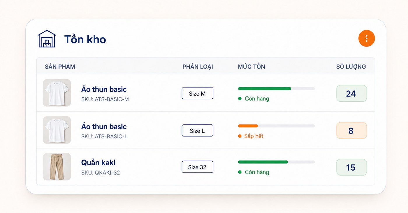 Quản lý kho theo size, màu, SKU — Ordersys