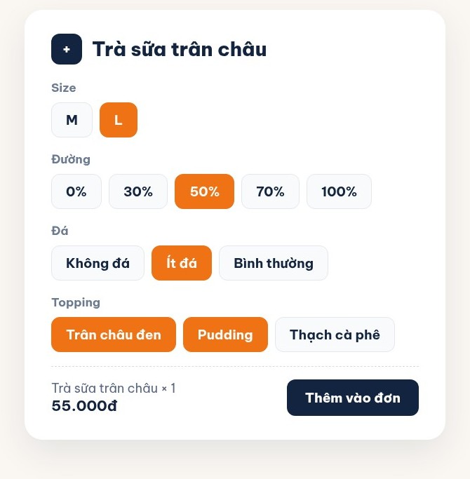 Chọn size, mức đường, mức đá và topping bằng nút bấm trong phần mềm Ordersys